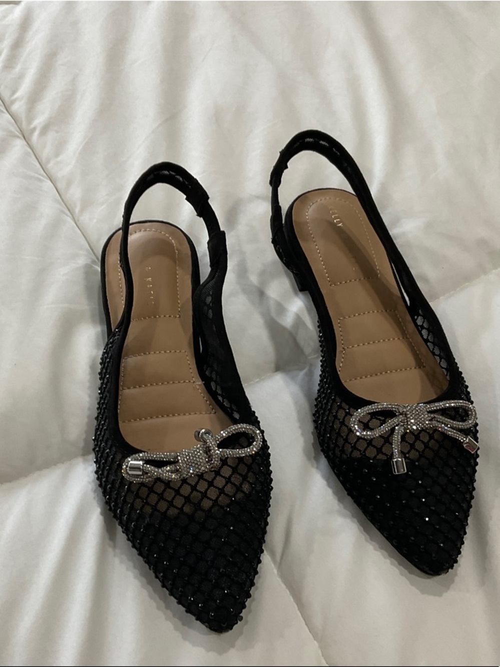Kelly & Katie Black Slingback Pointed Flats with Crystal Bow